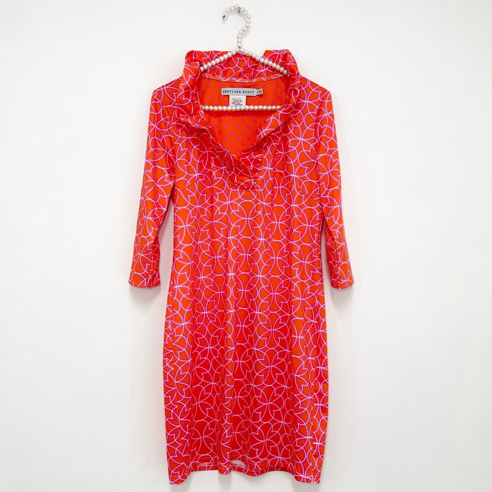 Gretchen Scott Jersey Ruffneck Dress in Geometric Floral Pink and Orange - Picture 2 of 7